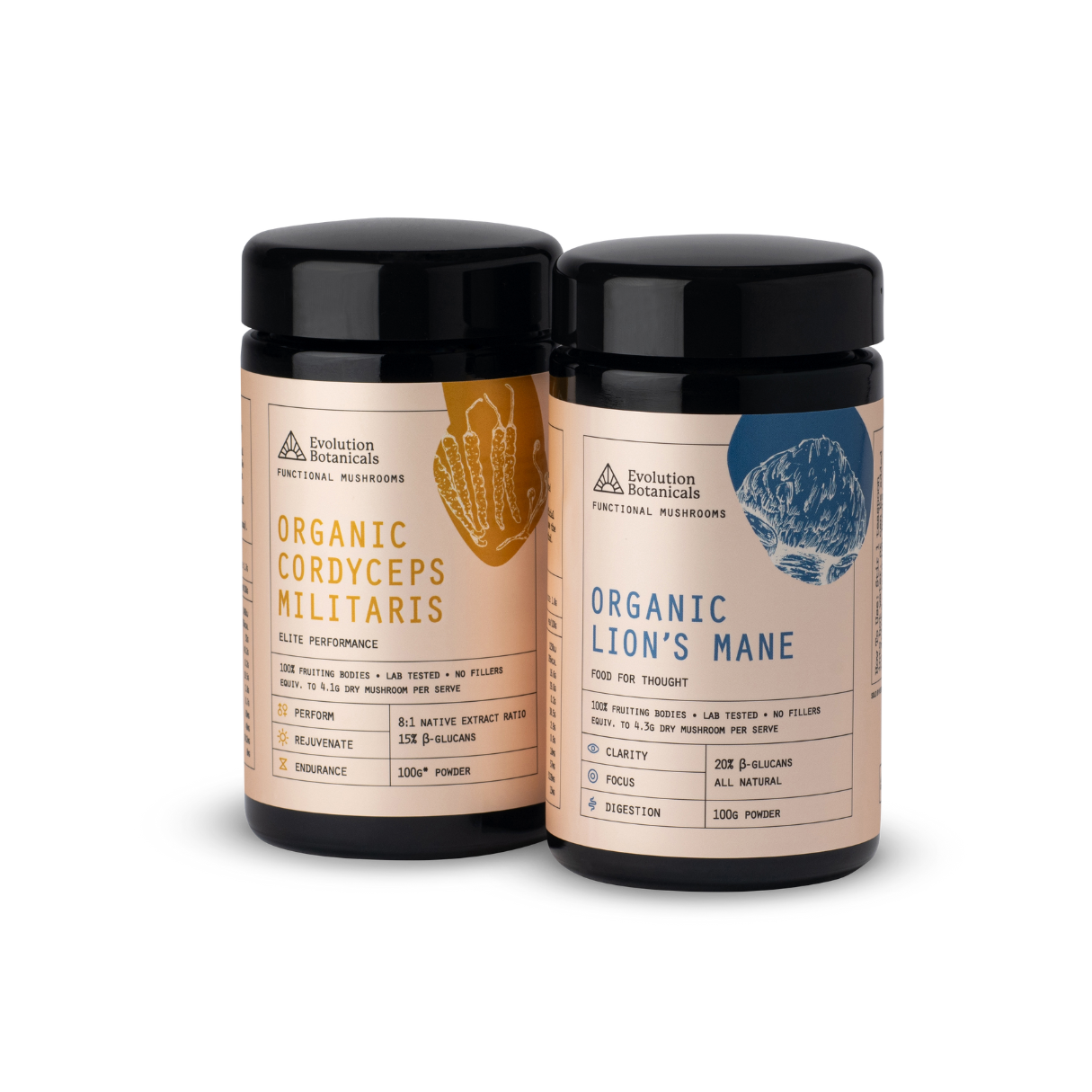 Jars of Organic Cordyceps and Organic Lion's Mane