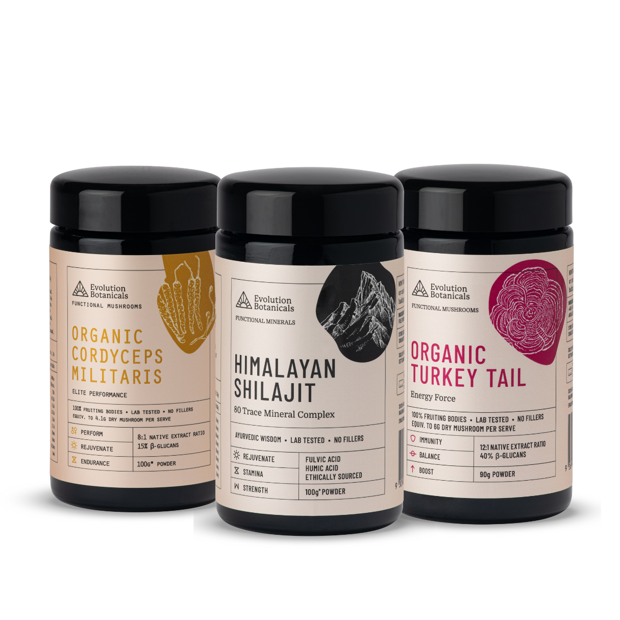 Jars of Organic Cordyceps Militaris, Himalayan Shilajit and Organic Turkey Tail