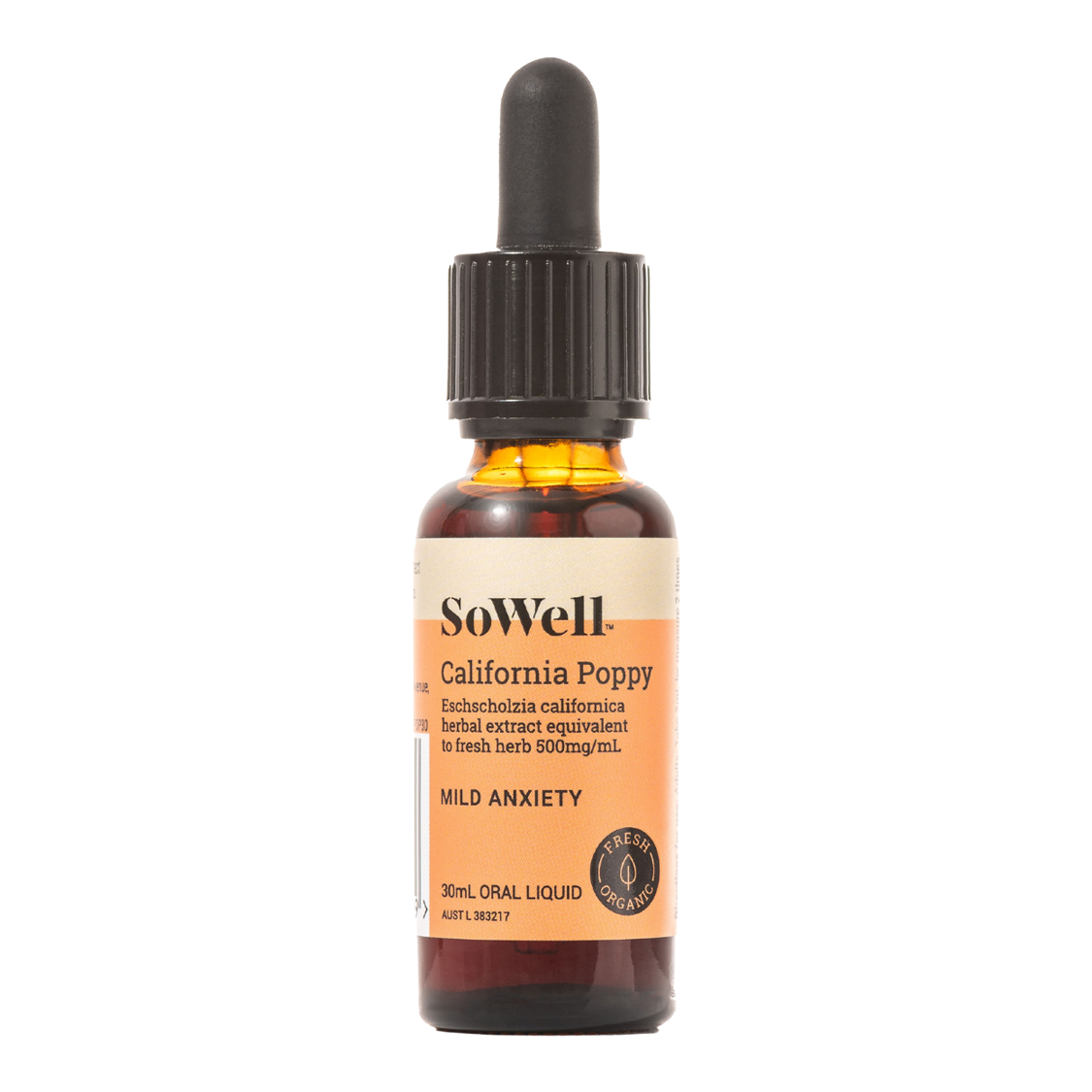 A 30ml dropper bottle of SoWell Californian Poppy Tincture liquid