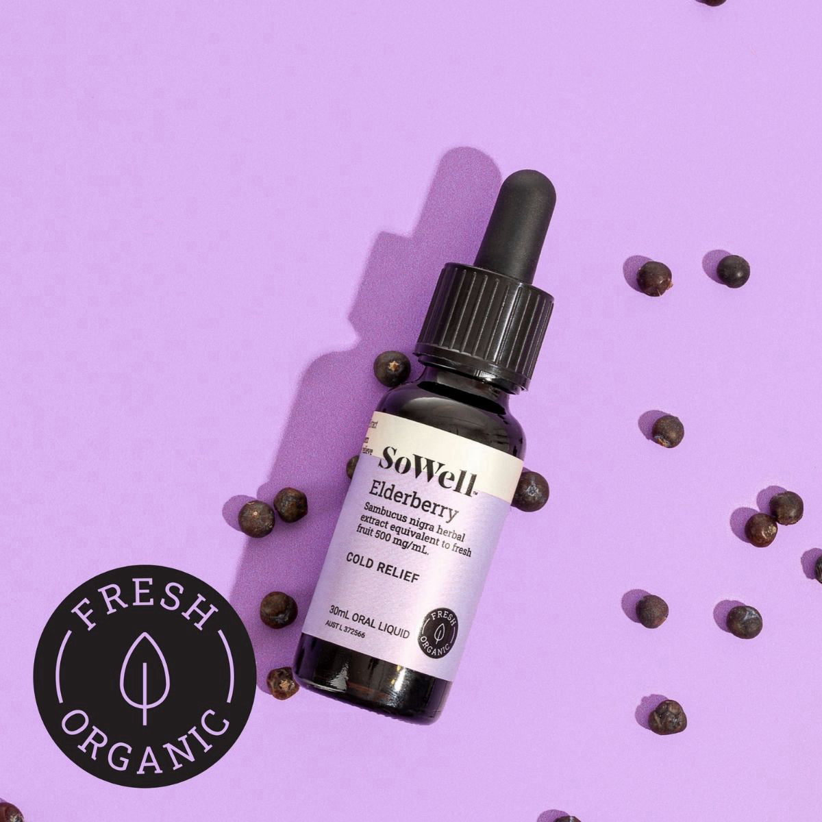 A 30ml dropper bottle of SoWell Elderberry Tincture liquid on a purple background surrounded by berries