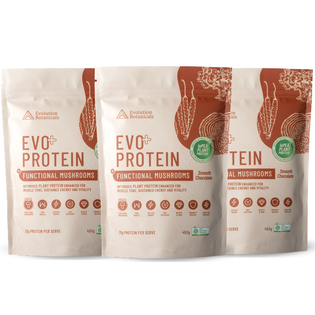 Three bags of Evo+ Protein Smooth Chocolate