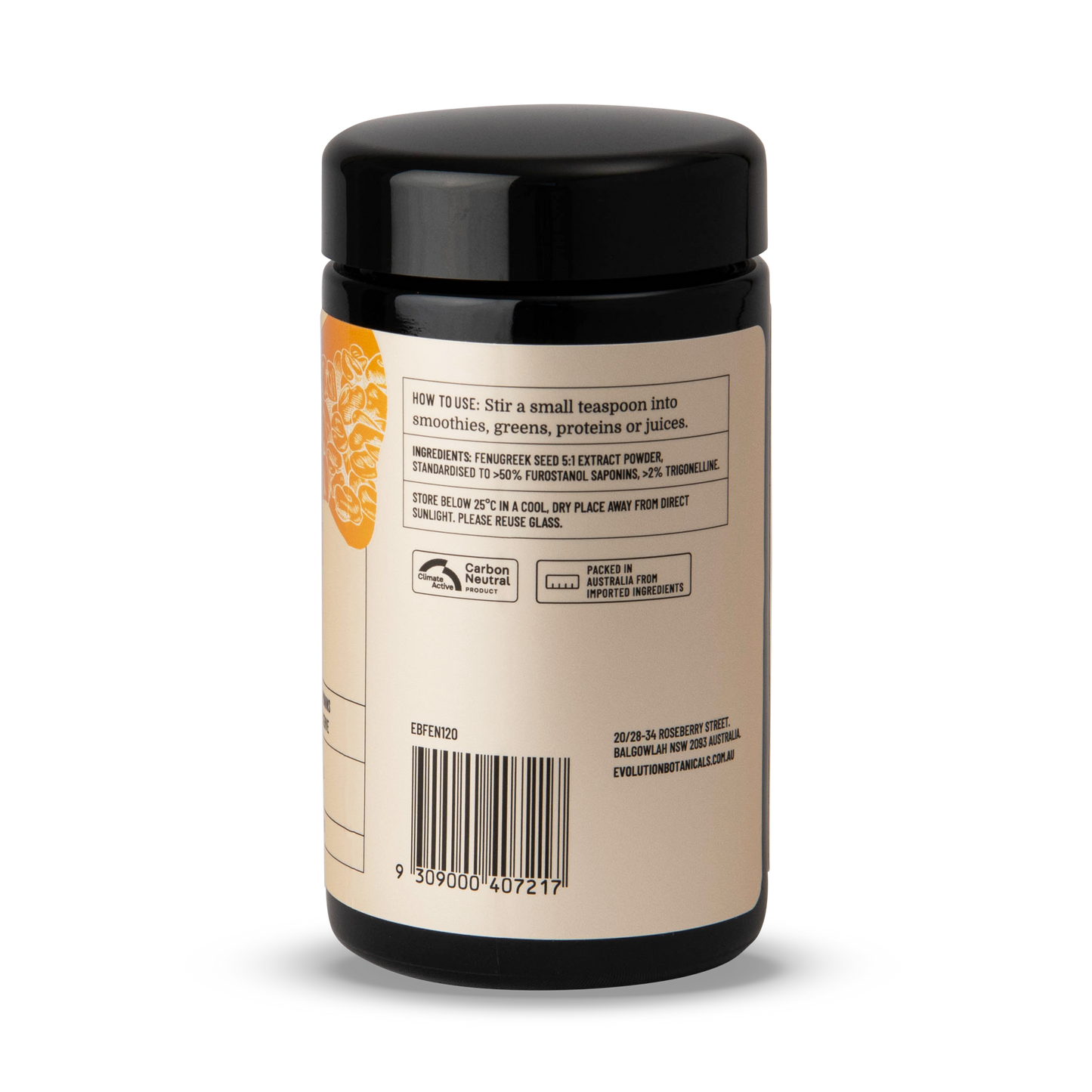 Side photo of a jar of 120g Fenugreek > 50% powder showing how to use the product.