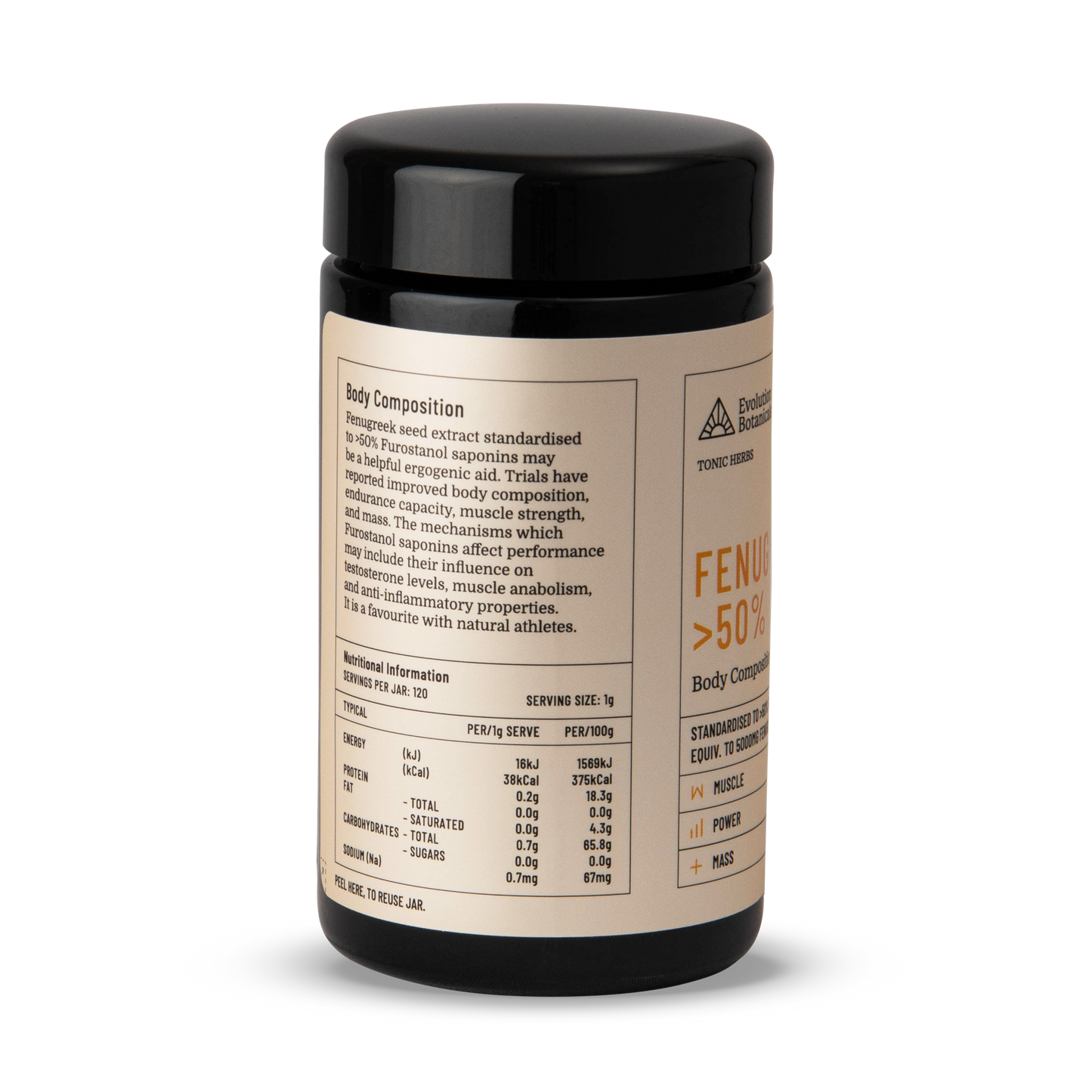 Side photo of a jar of 120g Fenugreek > 50% showing nutritional information.