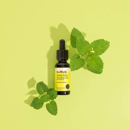 A wide shot of a 30ml dropper bottle of SoWell Lemon Balm Tincture liquid on a green background surrounded by lemon balm leaves