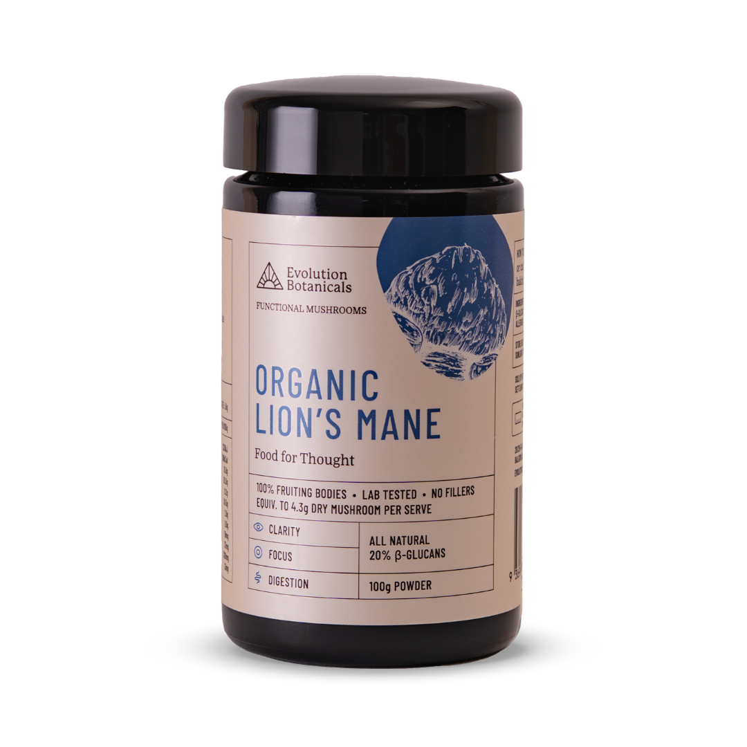 A container of Evolution Botanicals Organic Lion's Mane mushroom powder, with a label that includes a mountain graphic and text detailing the product name and benefits.