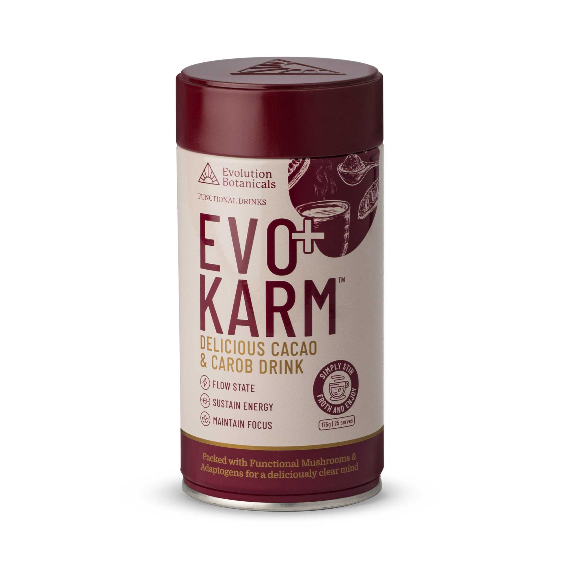 A 175 gram tin of Evo+ Karm - Delicious Cacao & Carob drink