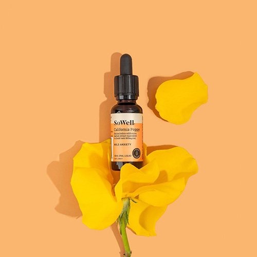 A wide shot 30ml of Californian Poppy Tincture sitting on a orange background with flower petals around it