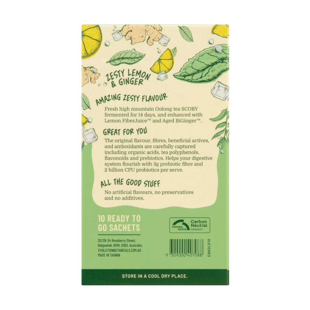 The back of a box of Ready Set Kombucha 10x8g pack