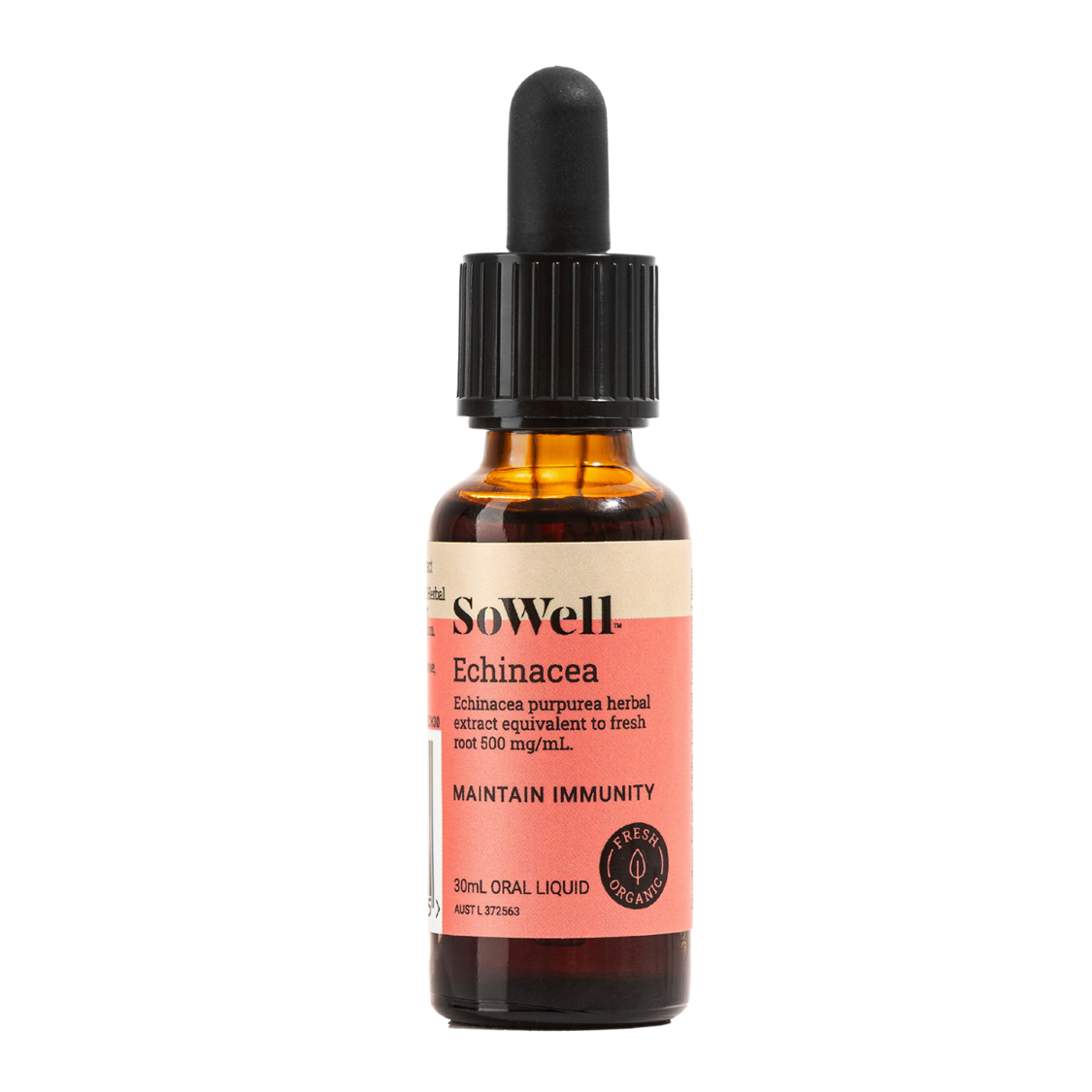 A 30ml dropper bottle of SoWell Echinacea Tincture liquid