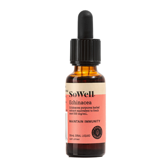 A 30ml dropper bottle of SoWell Echinacea Tincture liquid