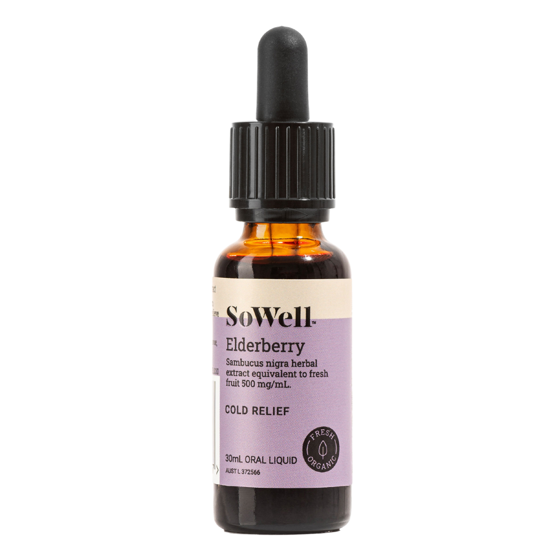 A 30ml dropper bottle of SoWell Elderberry Tincture liquid