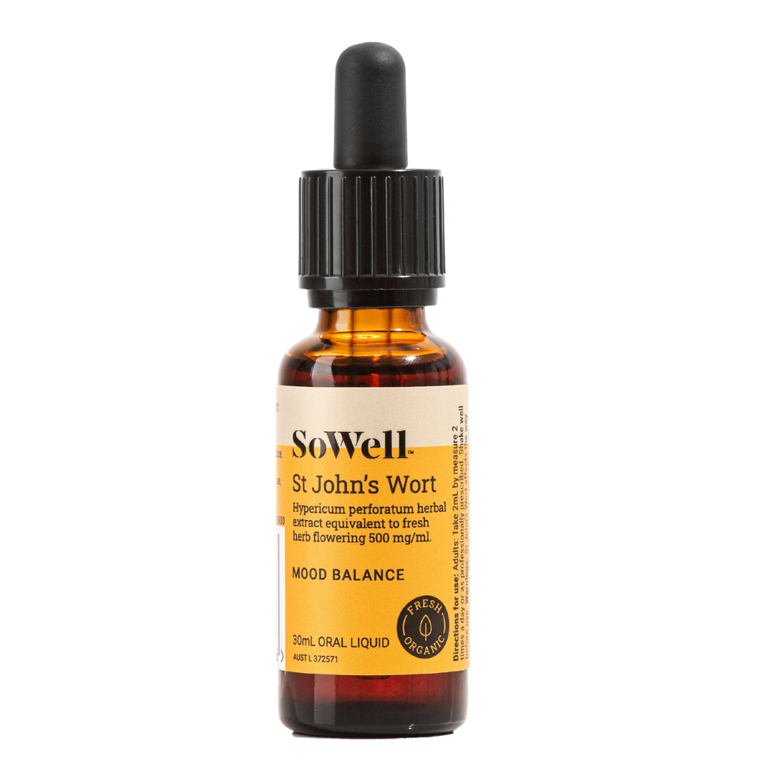 A 30ml dropper bottle of SoWell St John's Wort Tincture liquid