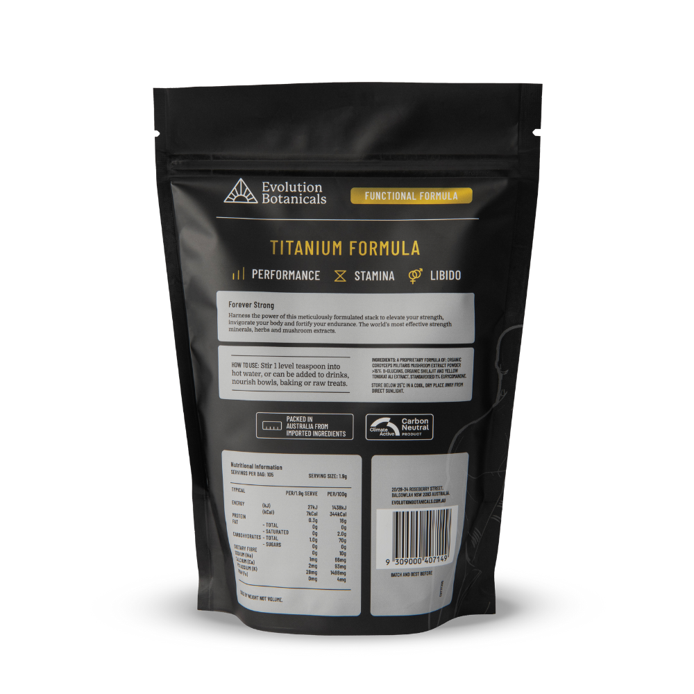 The back of a 200g bag of titanium formula