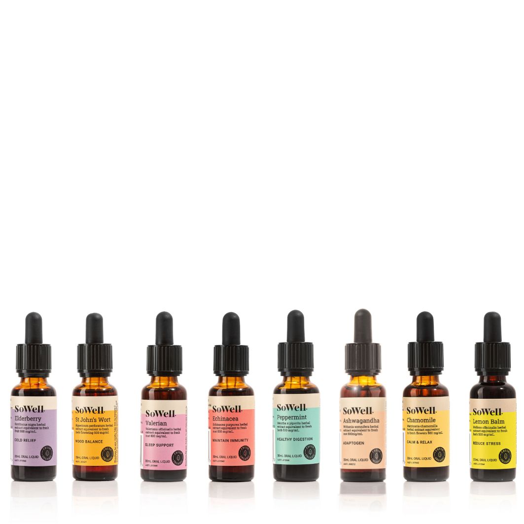 8 30ml dropper bottles of Sowell extracts on a reflective white surface with a white background