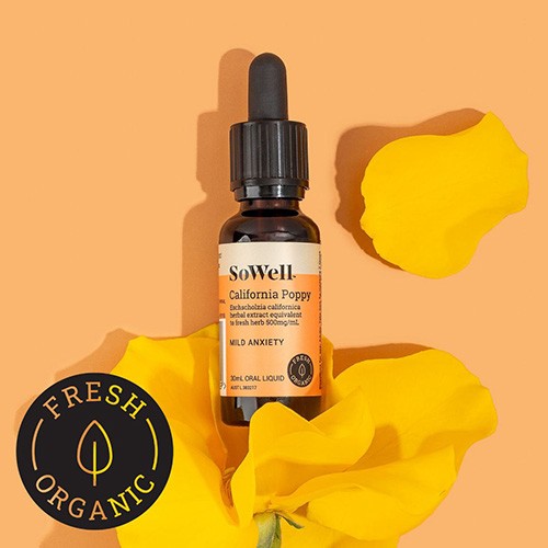 30ml of Californian Poppy Tincture sitting on a orange background with flower petals around it