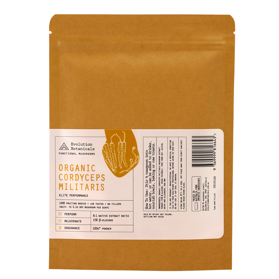 A 100g pouch of Organic Cordyceps Militaris