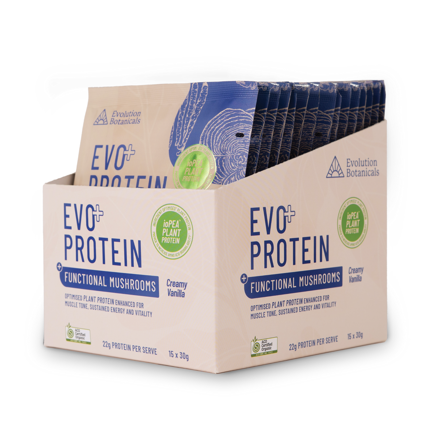 A package of Evolution Botanicals Evo Protein + Mushroom in Creamy Vanilla flavor, with a net weight of 455g. The package is predominantly beige with blue accents and text detailing the product features.