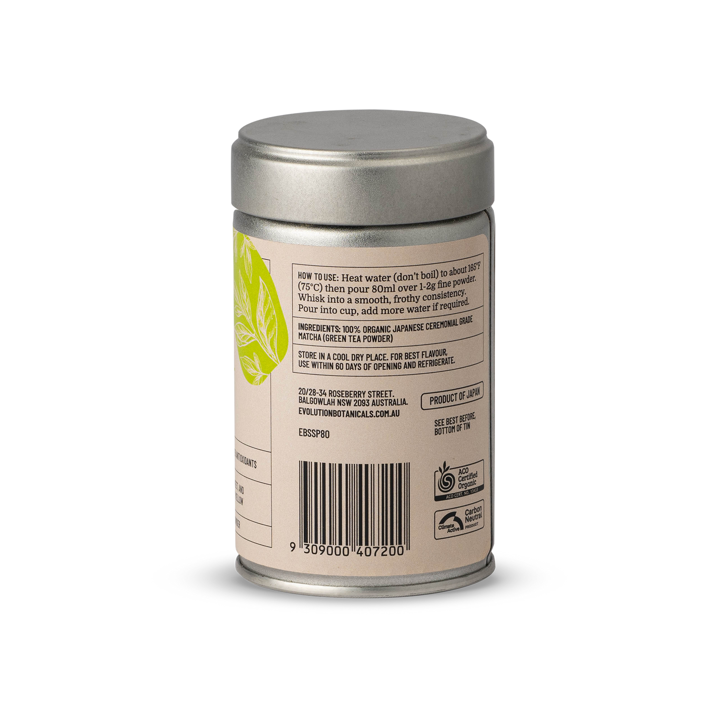 Side shot of a 80g tin of Organic Ceremonial Matcha showing how to use the product