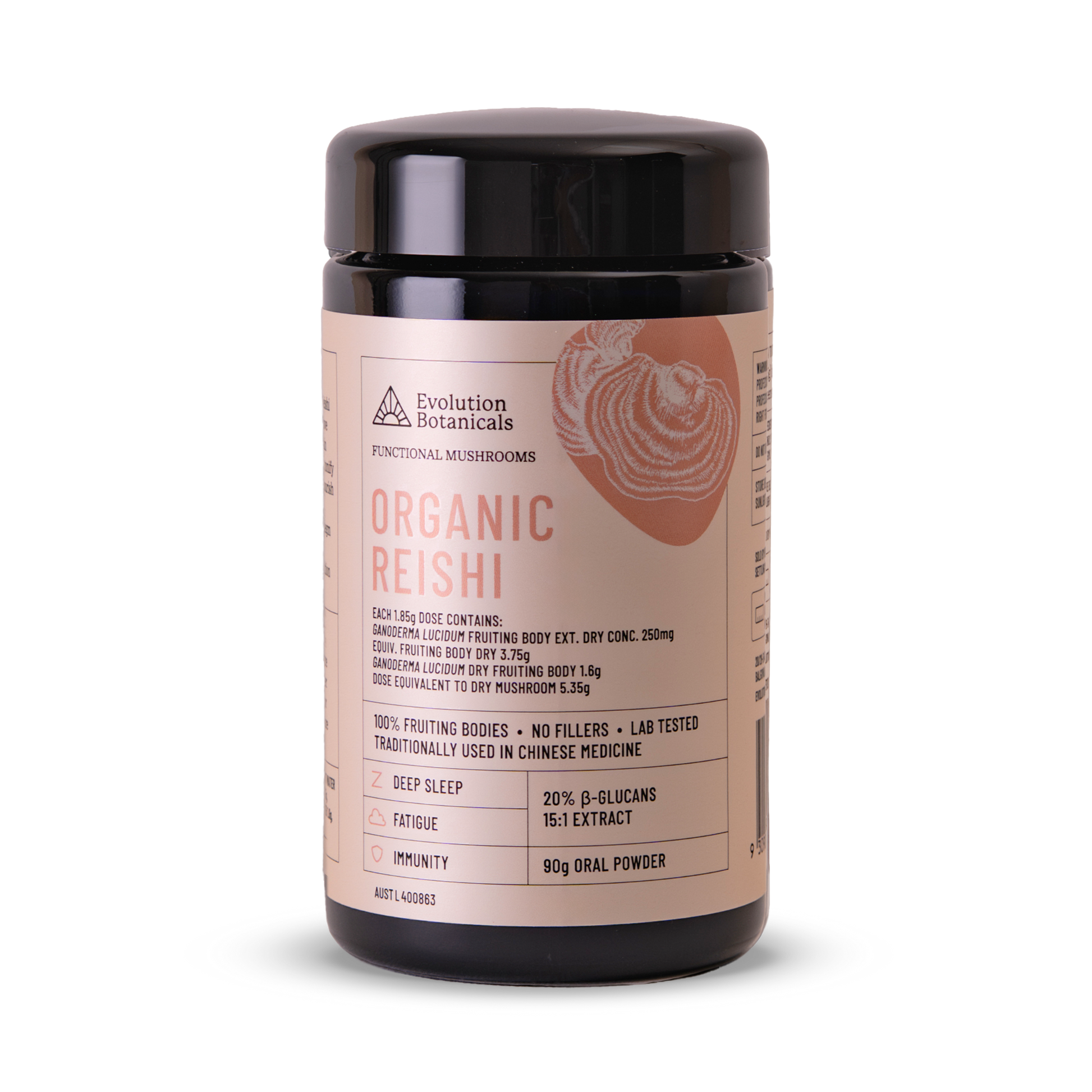 A jar of Evolution Botanicals Organic Reishi mushroom extract powder. The label is brown and white with text and a heart symbol.