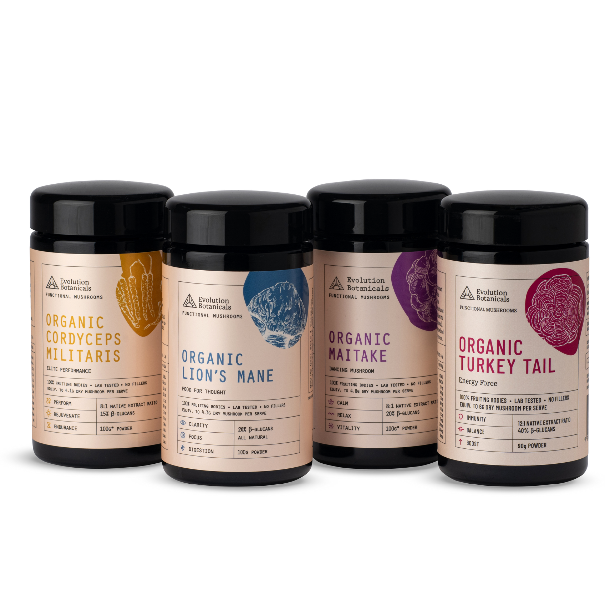 Starter pack jars - Organic Cordyceps Militaris, Organic Lion's Mane, Organic Maitake and Organic Turkey Tail