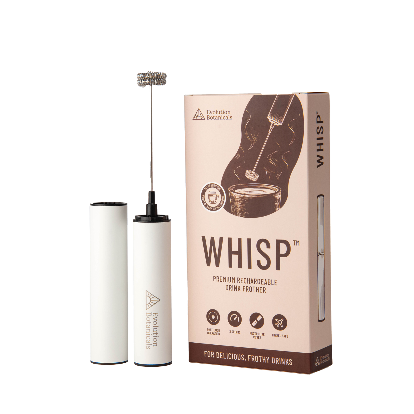 Image of the Whisp drink rechargeable drink frother next to its box.