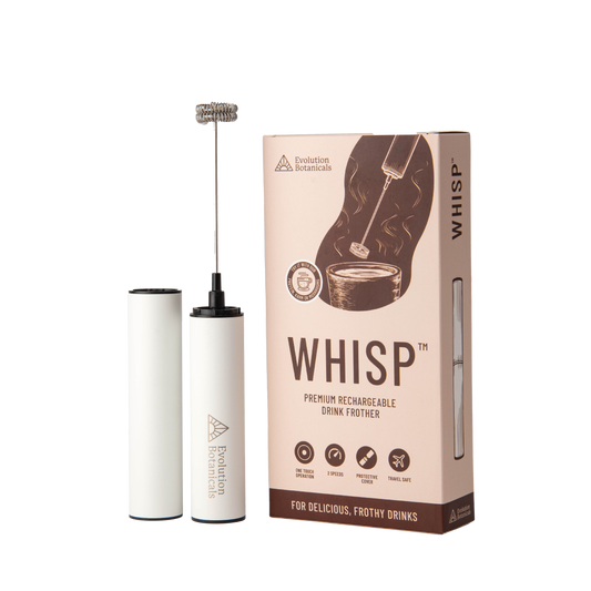 Image of the Whisp drink rechargeable drink frother next to its box.