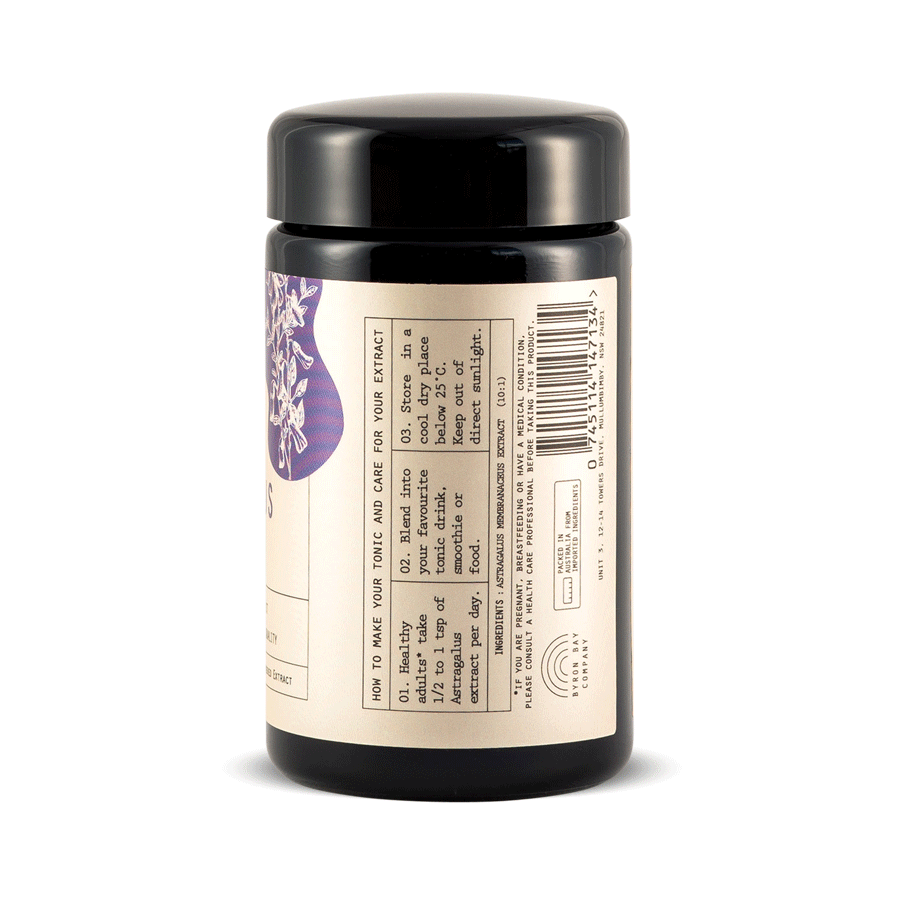 Side photo of 120g of Astragalus powder inside a Miron Glass jar, showing how to use the product