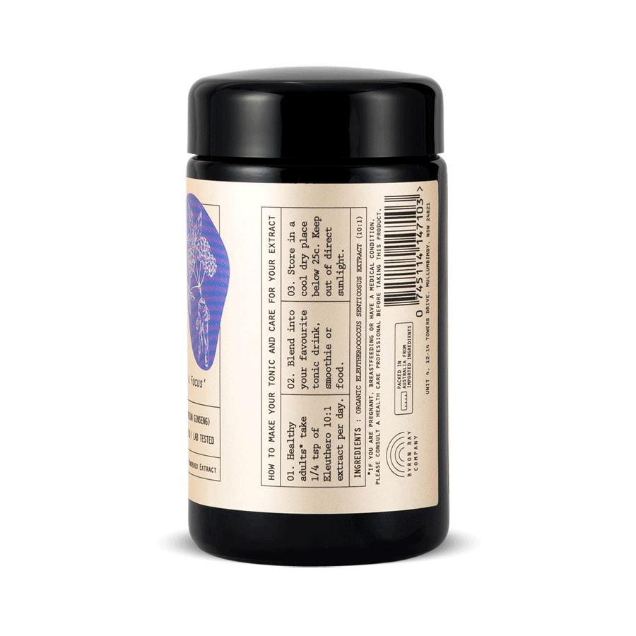 Side photo of 120g of Organic Eleuthero powder inside a Miron Glass jar, showing the instructions on how to use the product