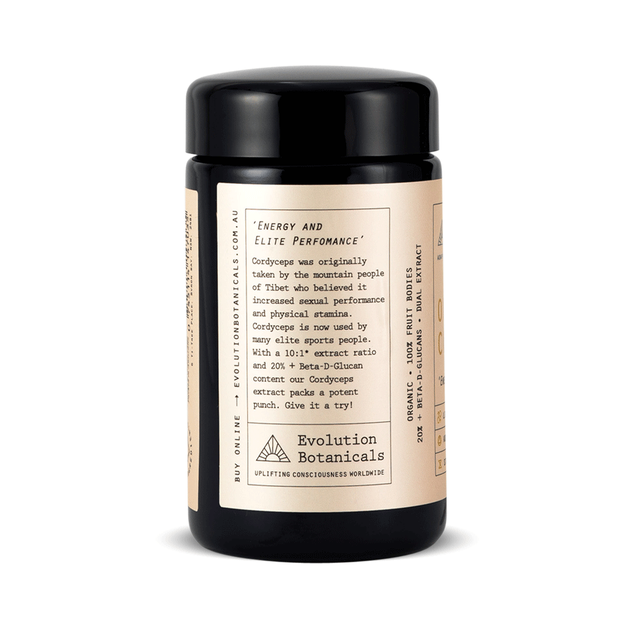 Side photo of 120g of Organic Eleuthero powder inside a Miron Glass jar, giving a summary of the product and it's benefits