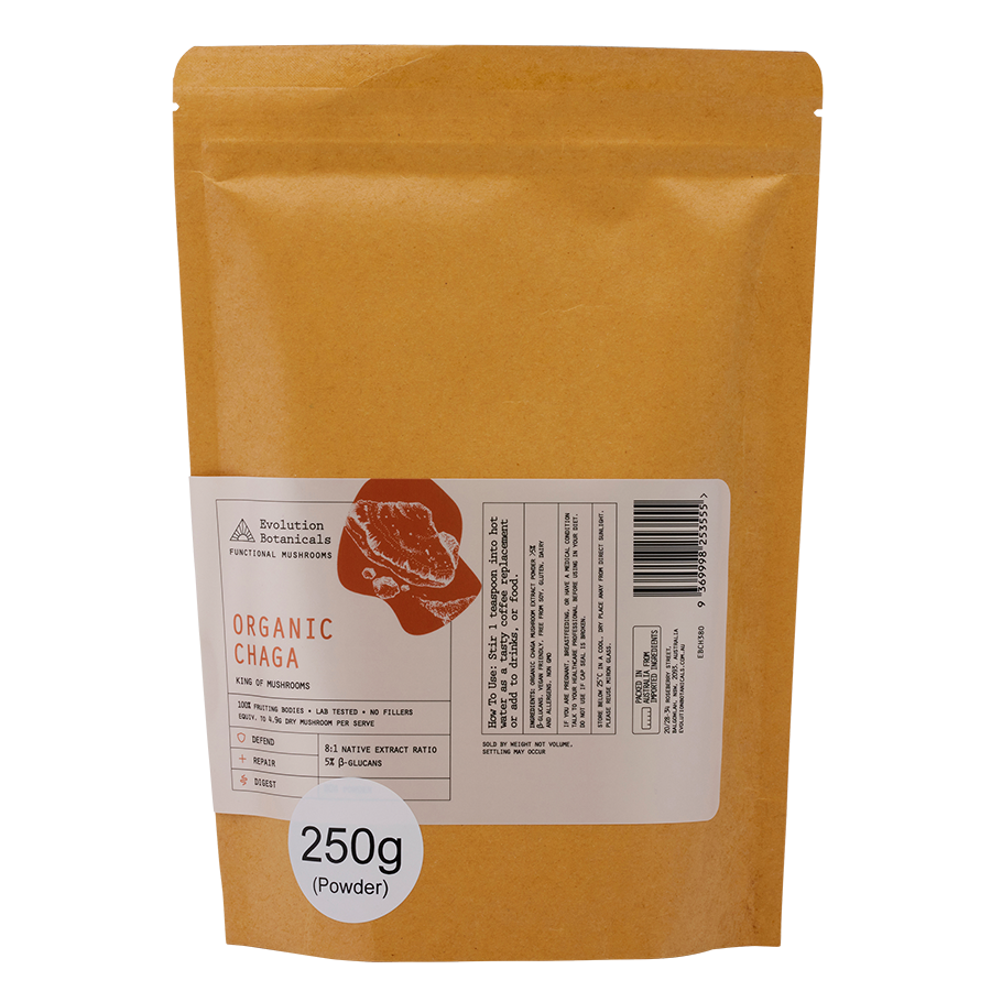 250g of Organic Chaga powder inside a resealable paper pouch