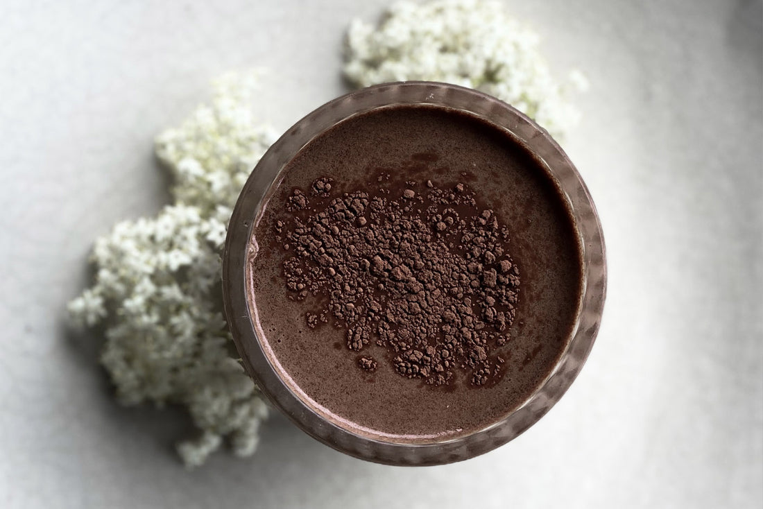 Top-down image of a salted caramel cacao drink made with ashwagandha
