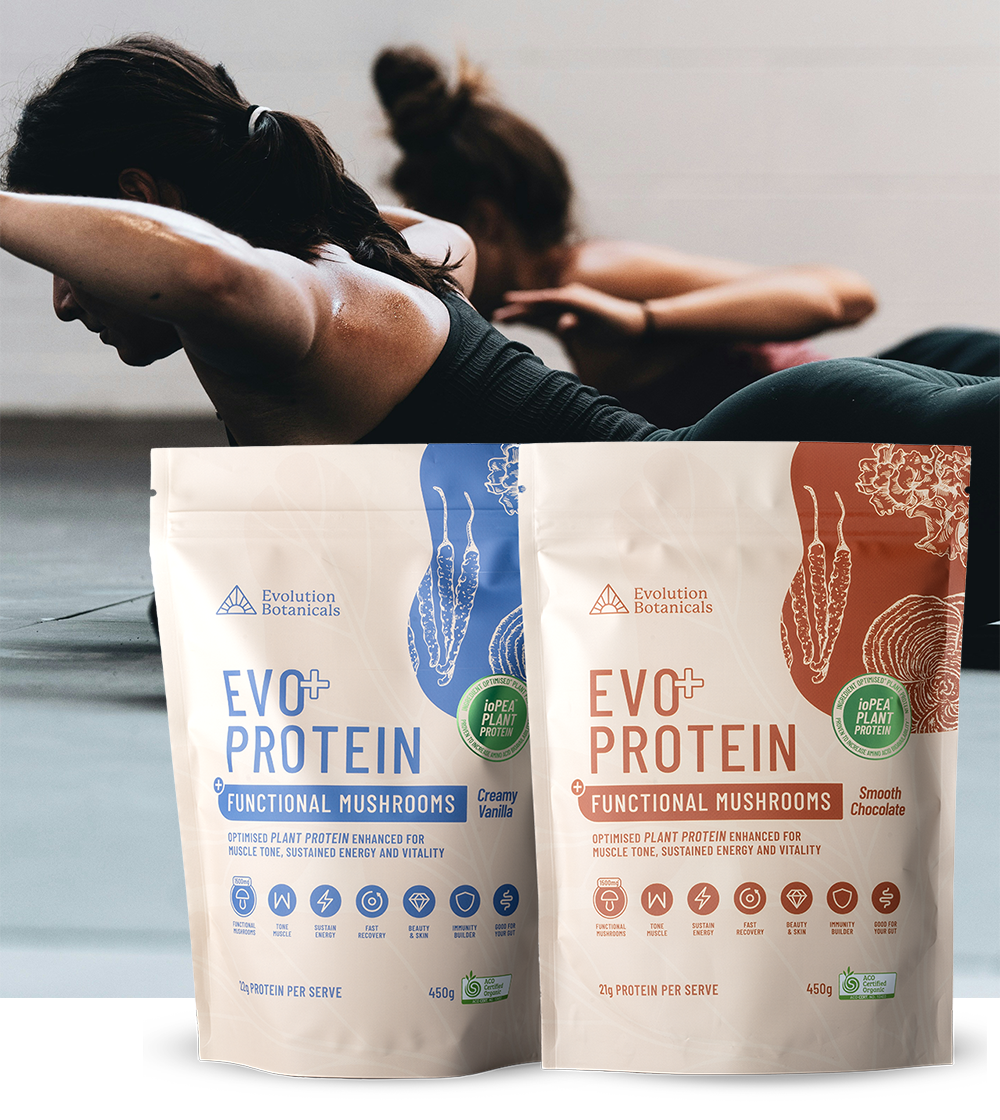 Background image of women doing yoga poses with bags two bags of Evo+ Protein in the foreground. 