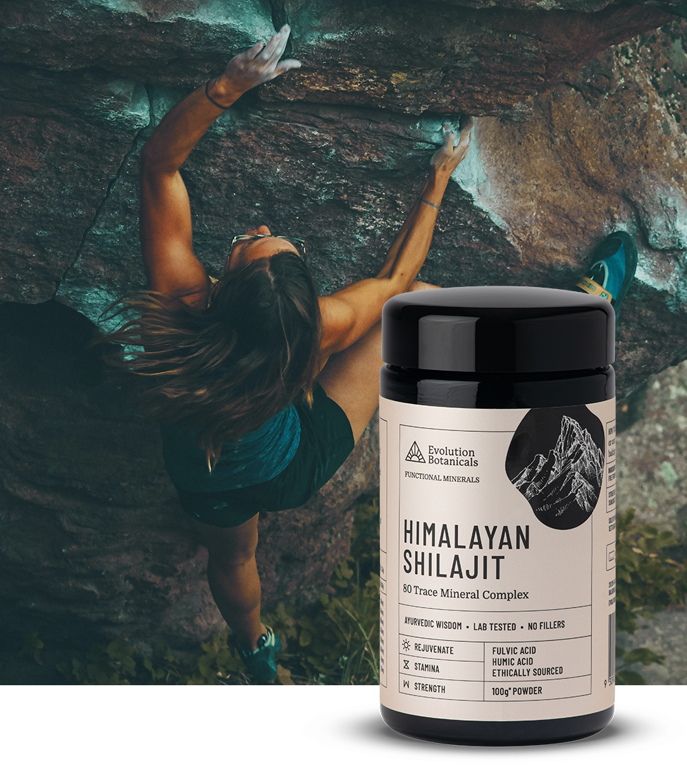 A woman in a background image rock climbing with a jar of Himalayan shilajit in the foreground. 