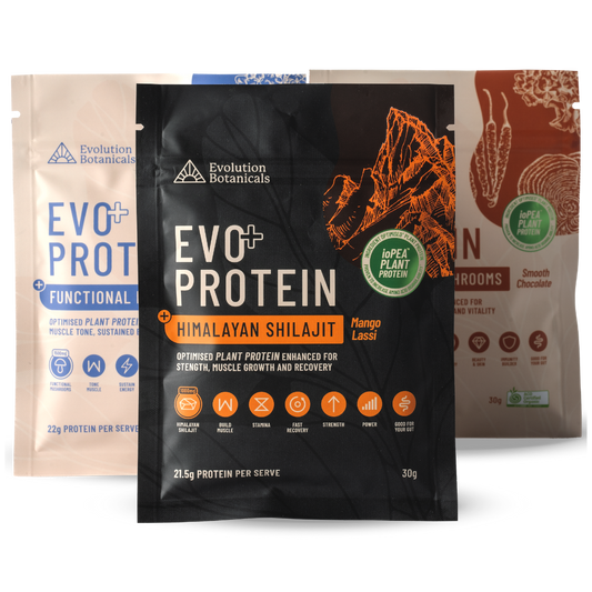 3 bags of Evo+ Protein, including Himalayan Shilajit - Mango Lassi, Creamy Vanilla and Smooth Chocolate.
