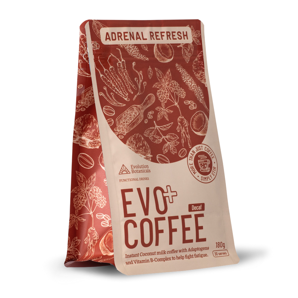 A 180 gram bag of Evo+ Decaf Coffee made with cocounut milk coffee and adaptogens