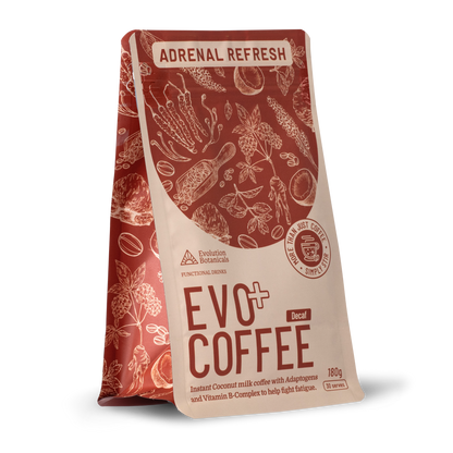 A 180 gram bag of Evo+ Decaf Coffee made with cocounut milk coffee and adaptogens