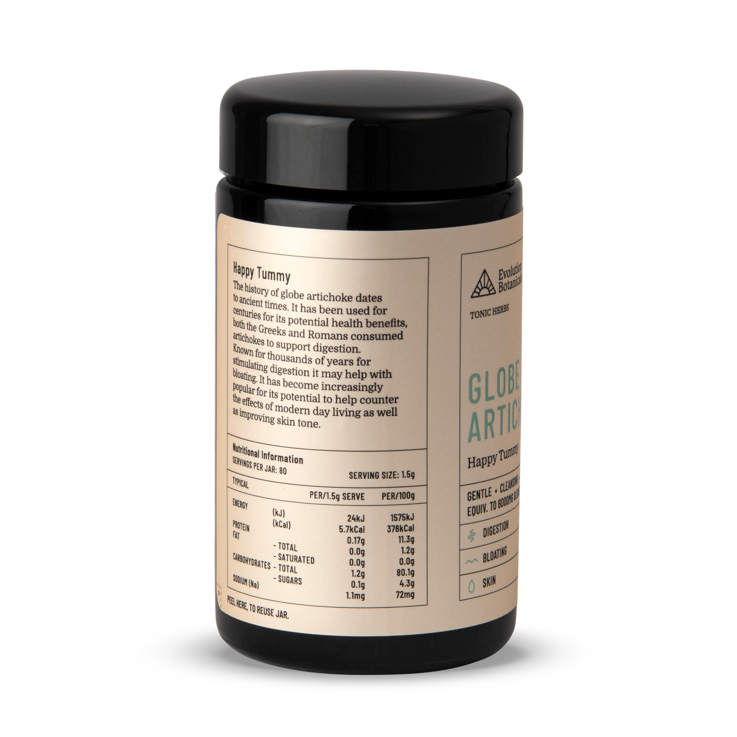 A side shot of a  120g Jar of Globe Artichoke powder showing the nutritional information of the product