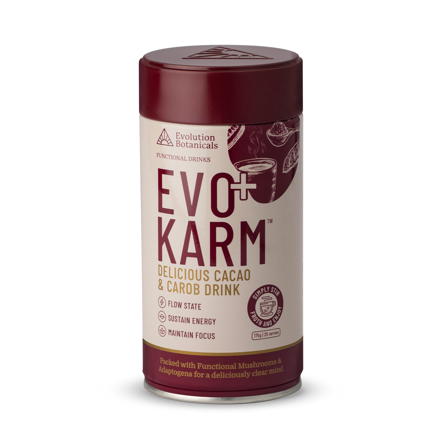 A 175 gram tin of Evo+ Karm - Delicious Cacao & Carob drink