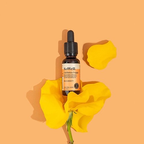 A wide shot 30ml of Californian Poppy Tincture sitting on a orange background with flower petals around it 