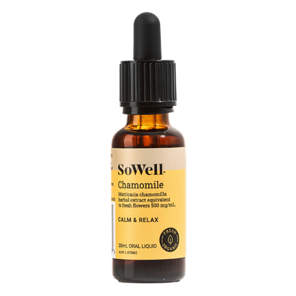 A 30ml dropper bottle of SoWell Chamomile Tincture liquid