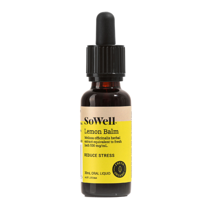 A 30ml dropper bottle of SoWell Lemon Balm Tincture liquid