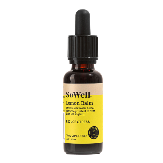 A 30ml dropper bottle of SoWell Lemon Balm Tincture liquid