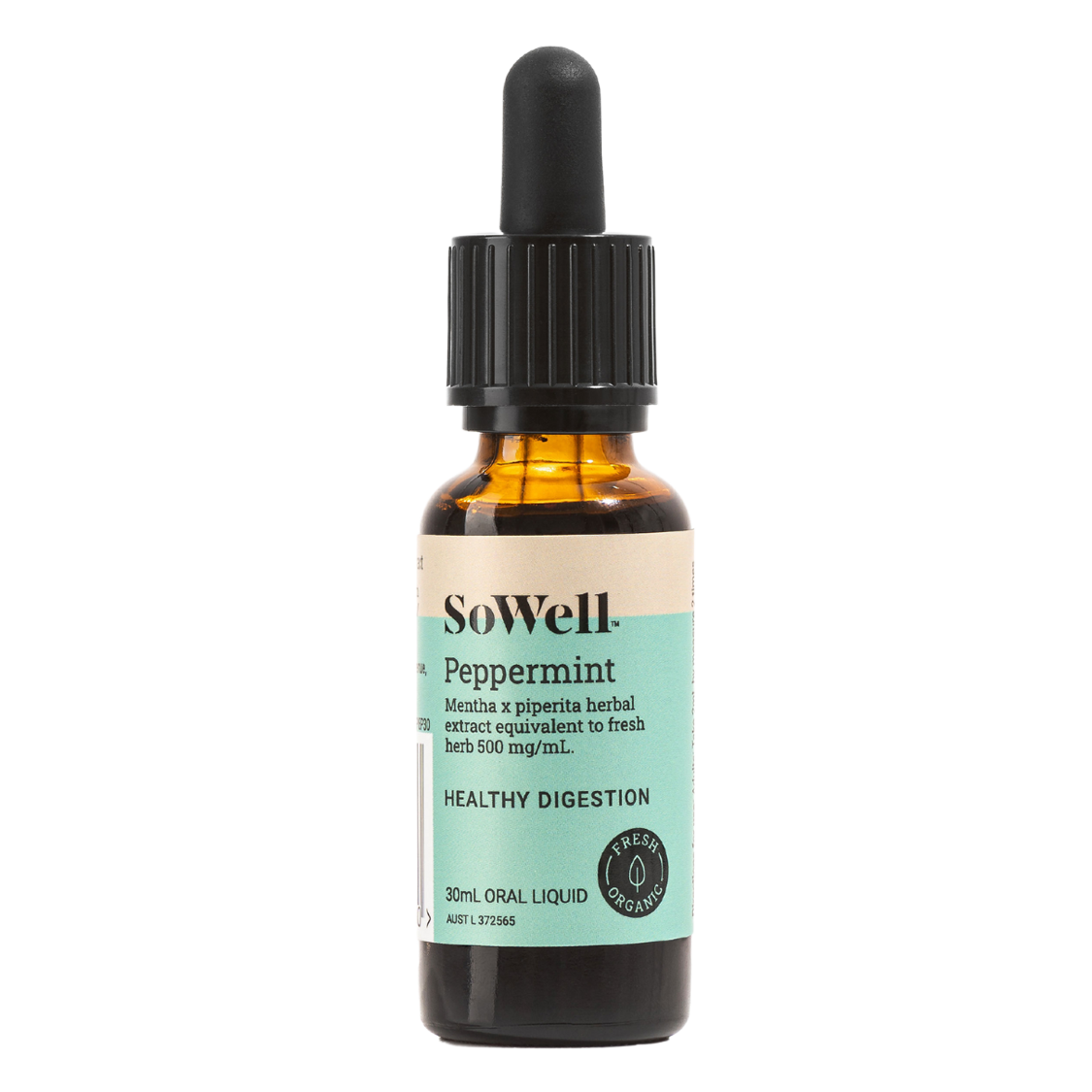 A 30ml dropper bottle of SoWell Peppermint Tincture liquid