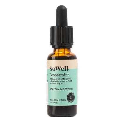 A 30ml dropper bottle of SoWell Peppermint Tincture liquid