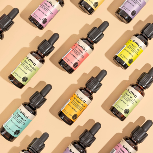 The entire Sowell tincture range of 30ml dropper bottles on a skin toned background organised in a grid pattern