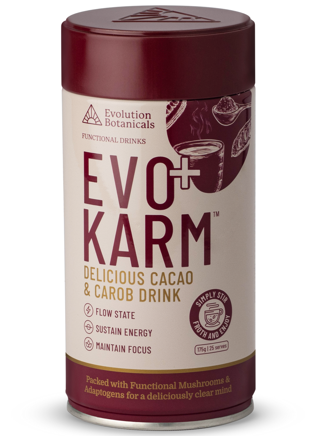 A 175g tin of Evo+ Karm Delicious Cacao & Carob Drink