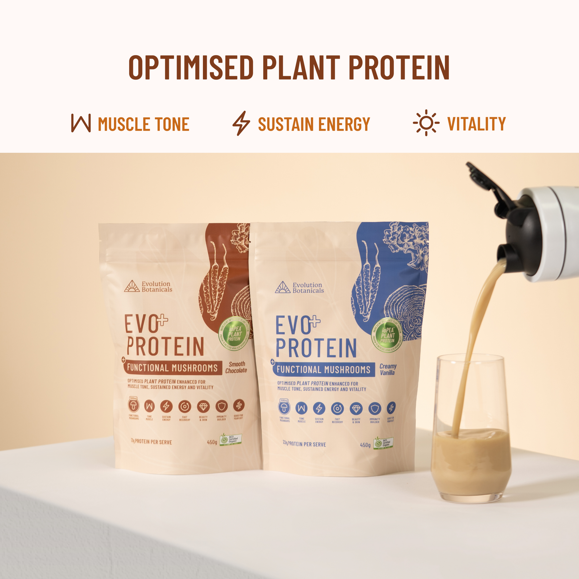 Two Evo Protein packages with a glass being filled with a protein shake on a light background.