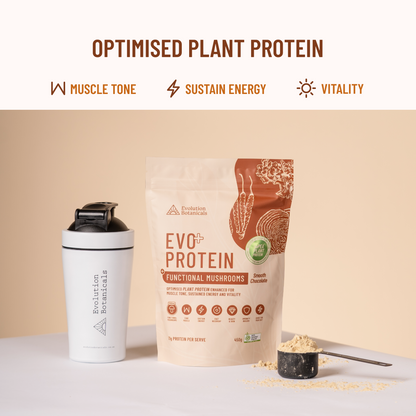 EVO+ Protein package with a shaker and scoop on a beige background
