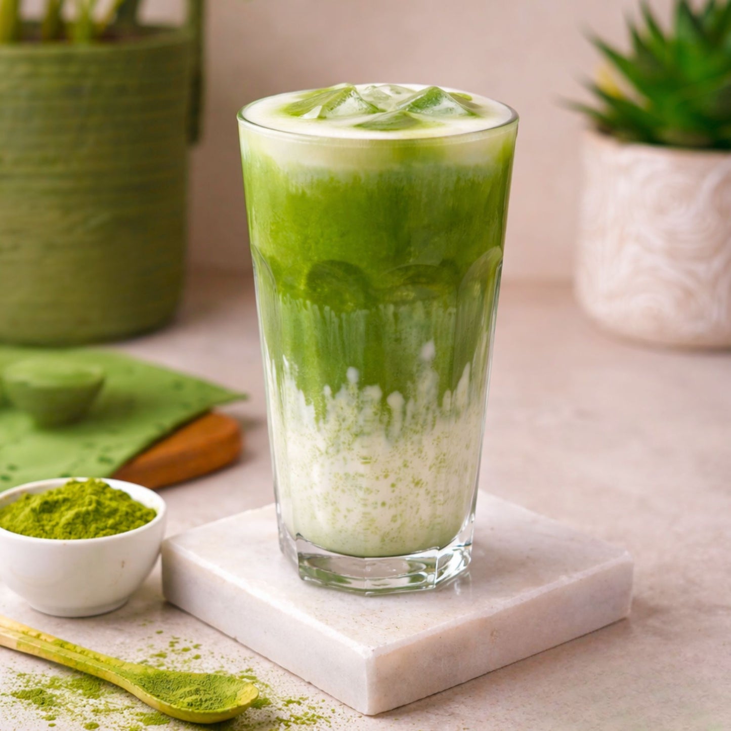 Green matcha latte with a bowl of matcha powder on a light wooden surface.