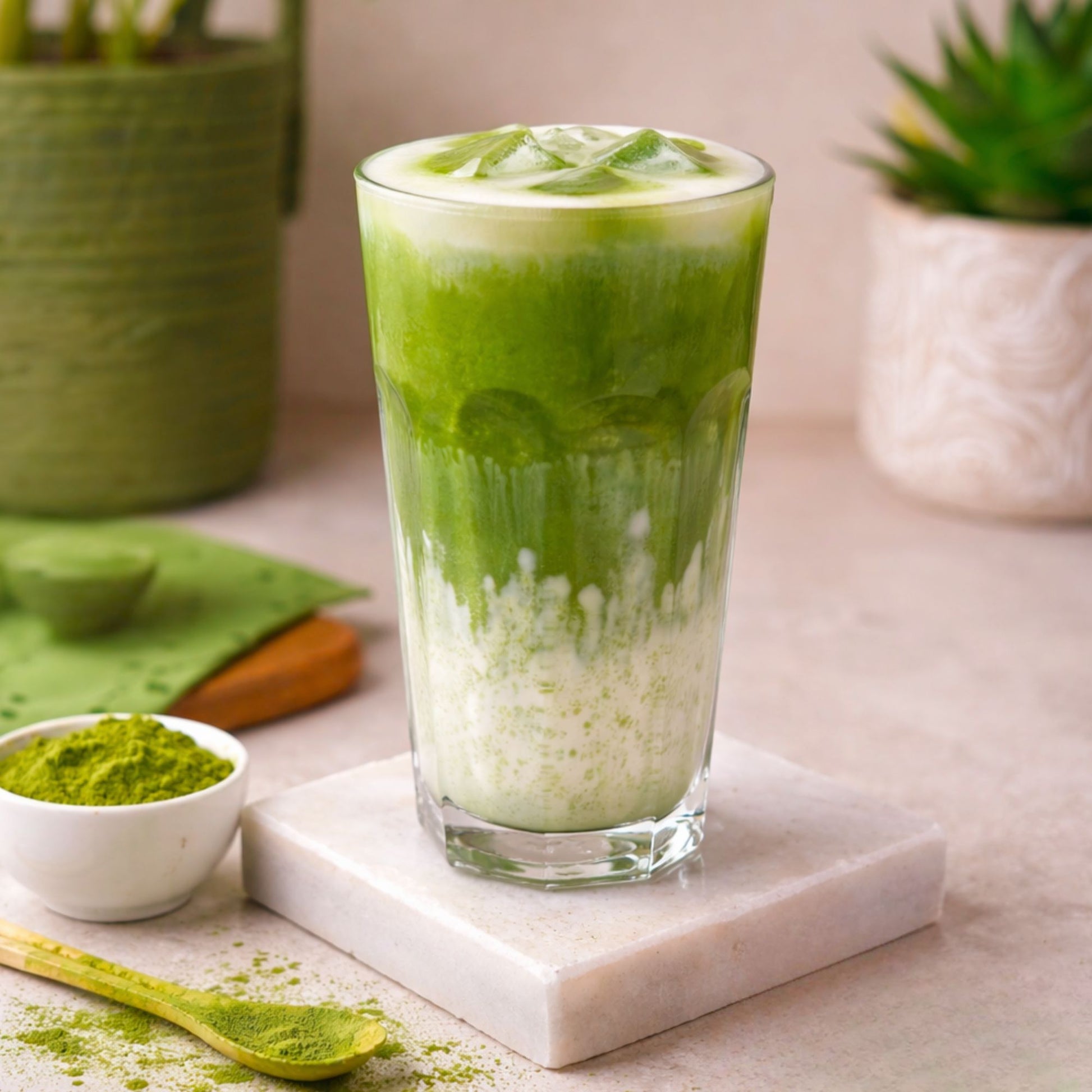 Green matcha latte with a bowl of matcha powder on a light wooden surface.